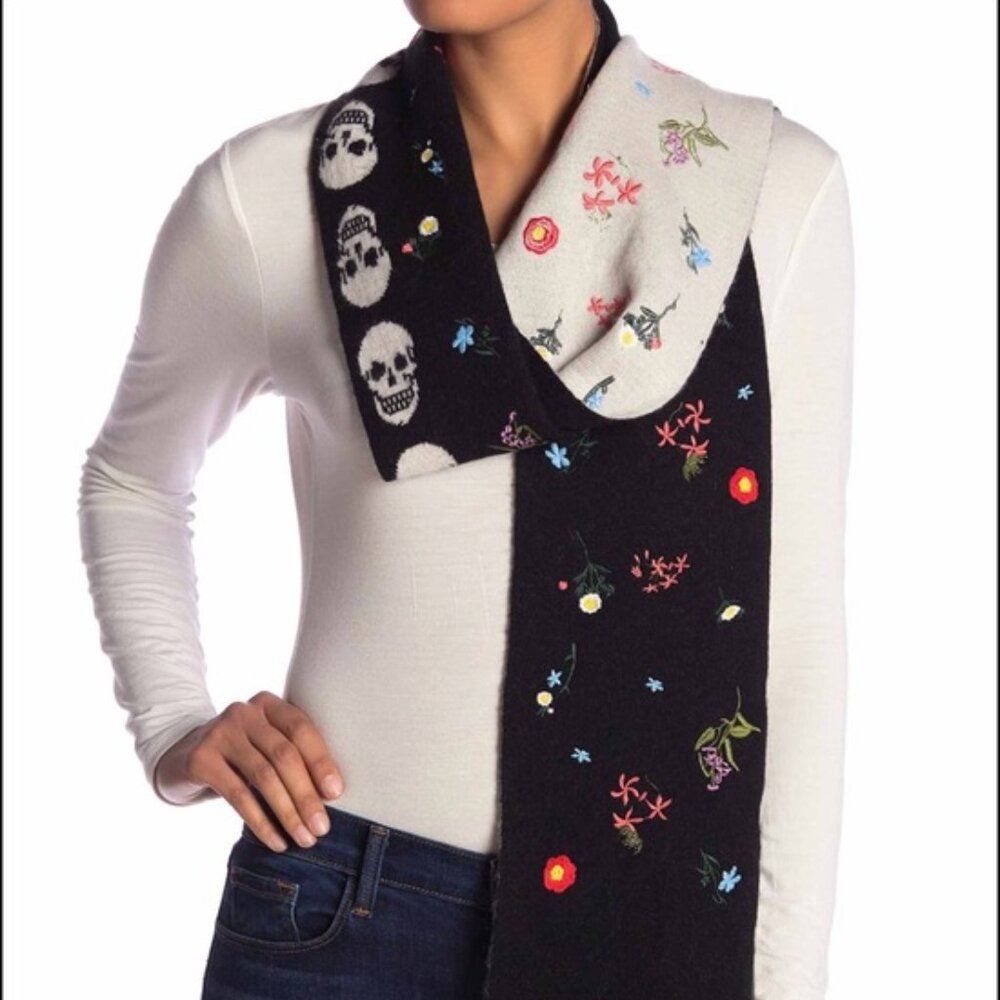 NWT SKULL CASHMERE Livia Skull Floral Wool Cashmere Blend Scarf BLACK/MULTI /